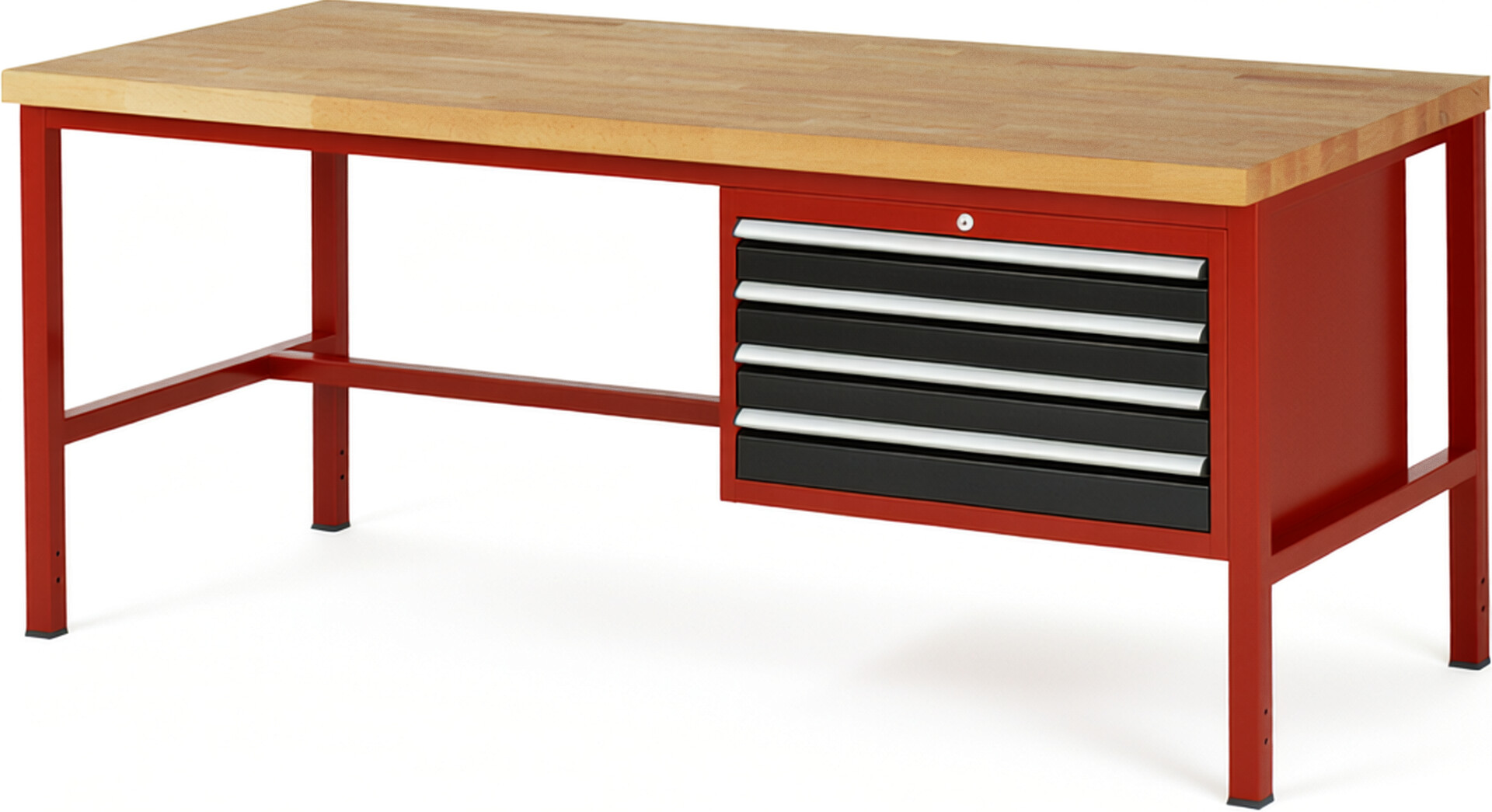 Werkbank Modell 8233 rot - schwarz, BxTxH 2000x900x840-1040 mm,  Buche-Massiv Arbeitsplatte 40 mm,  4 Schubladen mit  Auszug 90 %