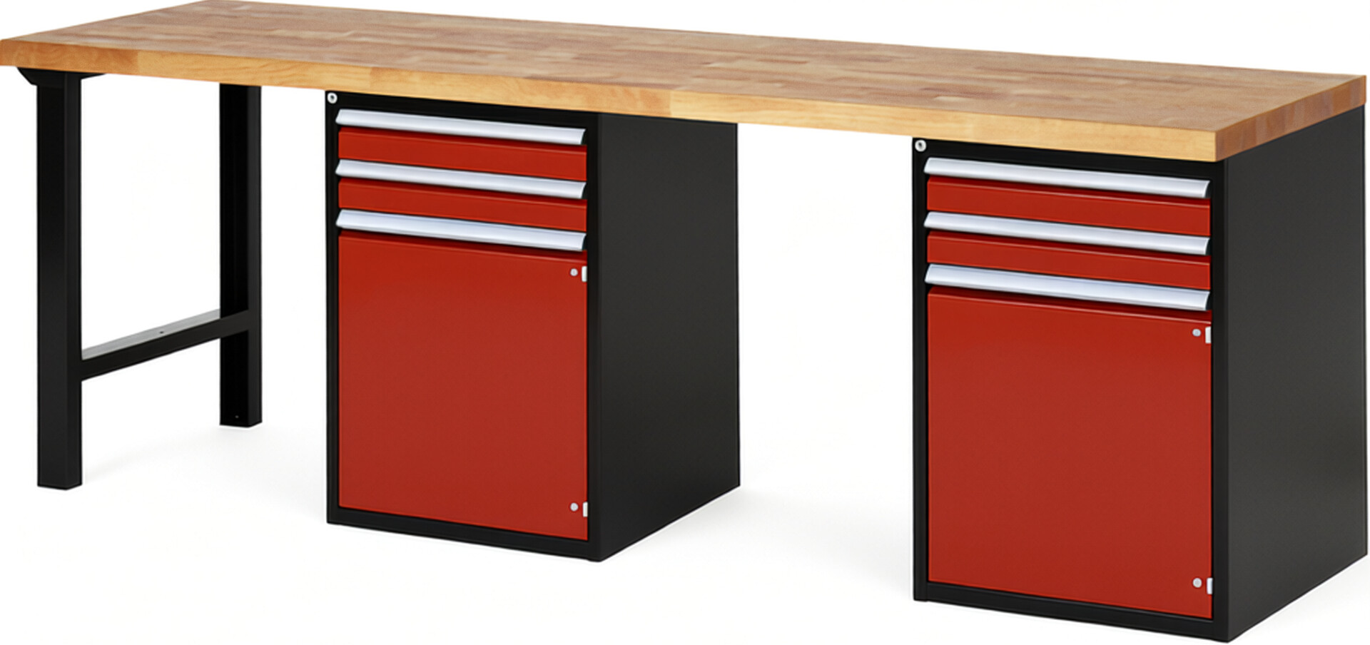 Werkbank Modell 7503 schwarz-rot, BxTxH 2500x700x840 mm,  Buche-Massiv Arbeitsplatte 40 mm,  4 Schubladen mit  Auszug 90 %