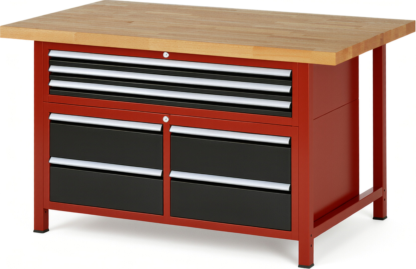 RAU Werkbank rot - schwarz - Breite 150 cm - Tiefe 90 cm - Höhe 84 cm - Buche-Massiv Arbeitsplatte 40 mm