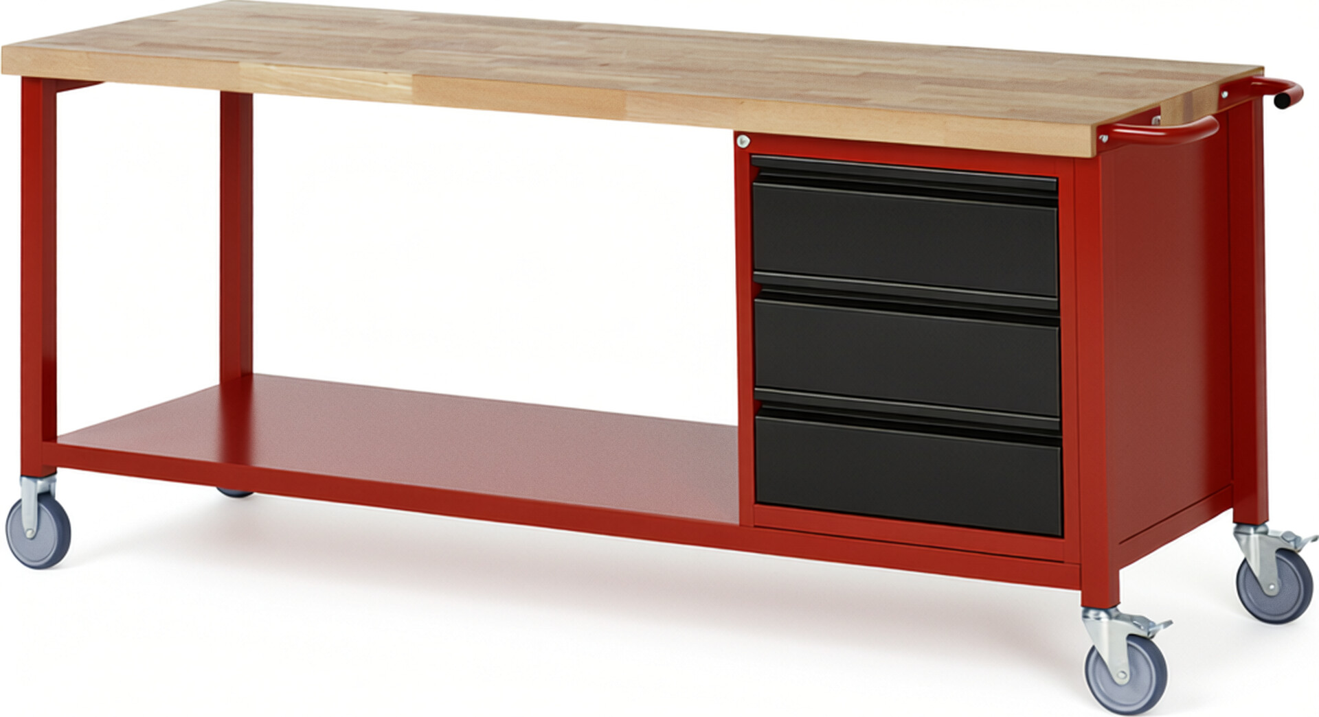 Fahrbare Werkbank - Modell 8157 BASIC rot - schwarz, BxTxH 2000x700x880 mm,  Buche-Massiv Arbeitsplatte 40 mm,  3 Schubladen mit  Auszug 90 %