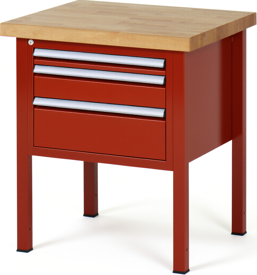 Werkbank Modell 8126 rot, BxTxH 750x700x840-1040 mm,  Buche-Massiv Arbeitsplatte 40 mm,  3 Schubladen mit  Vollauszug 100 % und  SoftClosing