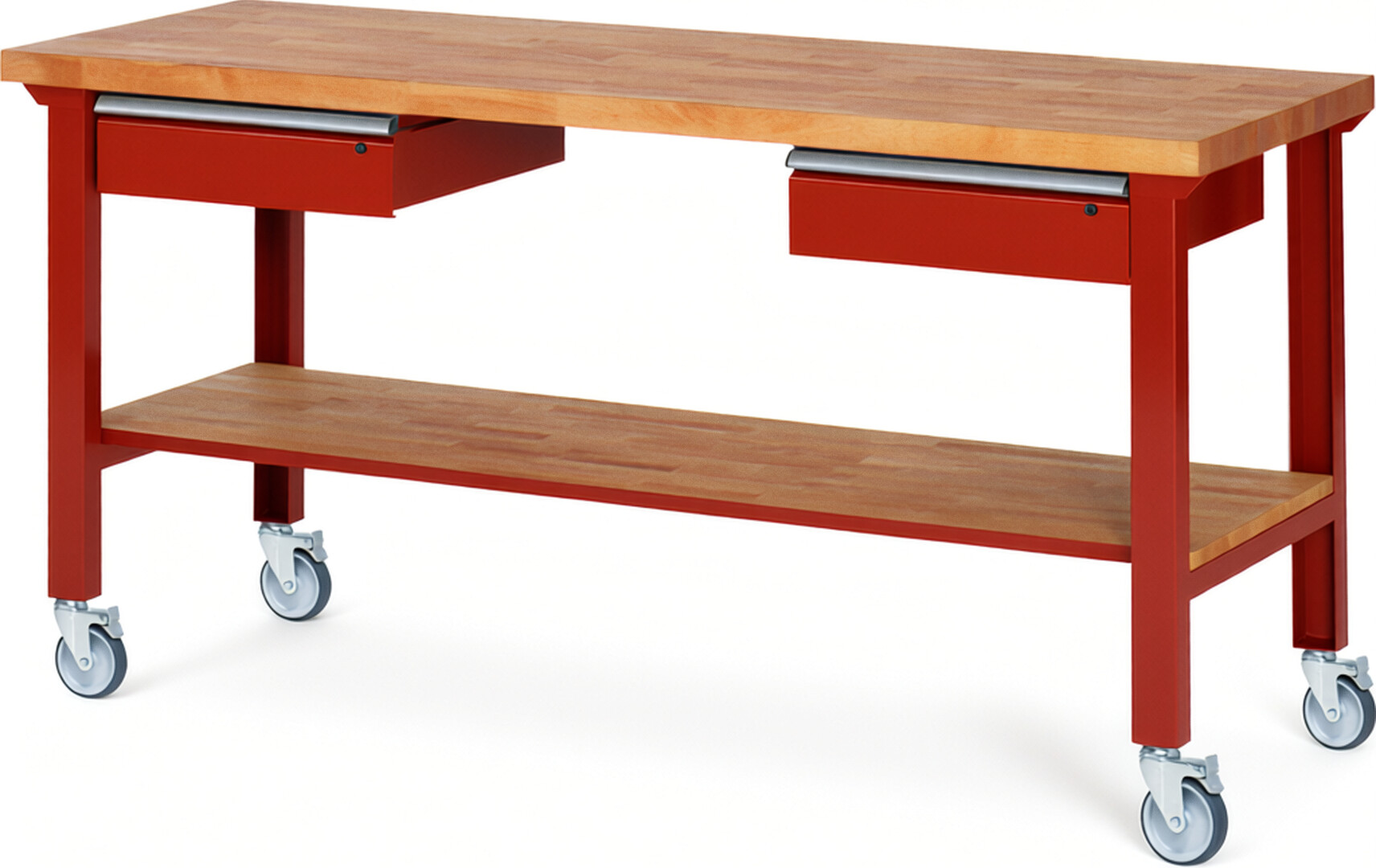 Fahrbare Werkbank Modell 7002 rot, BxTxH 2000x700x1000 mm,  Buche-Massiv Arbeitsplatte 40 mm,  2 Schubladen mit  Auszug 90 %