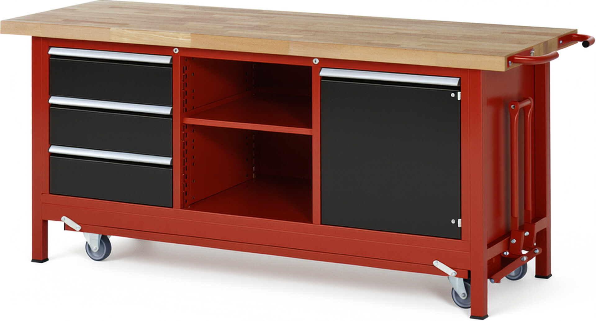 Absenkbare Werkbank Modell 8563 rot - schwarz, BxTxH 2000x700x880 mm,  Buche-Massiv Arbeitsplatte 40 mm,  3 Schubladen mit  Vollauszug 100 % und  SoftClosing