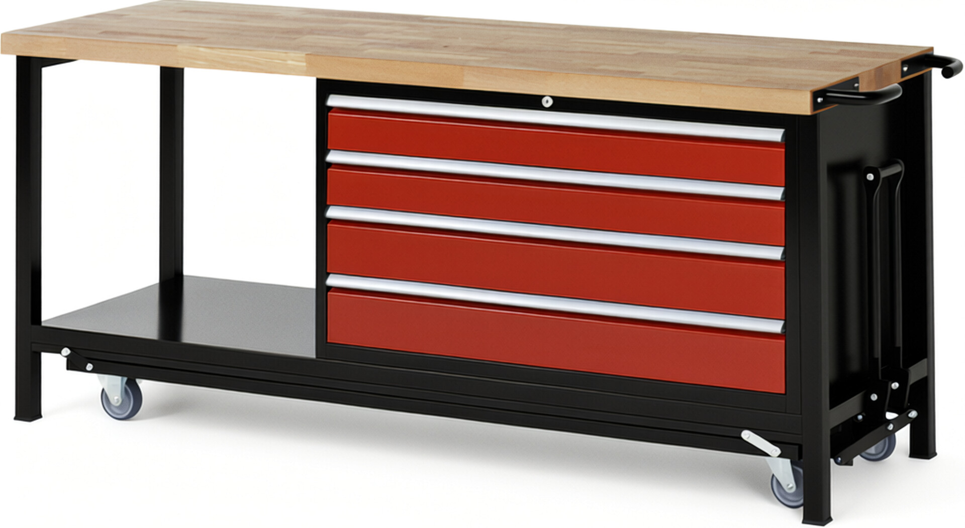 RAU Werkbank schwarz - rot - Breite 200 cm - Tiefe 70 cm - Höhe 88 cm - Buche-Massiv Arbeitsplatte 40 mm