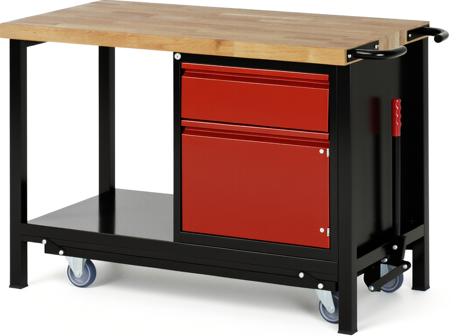 RAU Werkbank schwarz - rot - Breite 125 cm - Tiefe 70 cm - Höhe 88 cm - Buche-Massiv Arbeitsplatte 40 mm