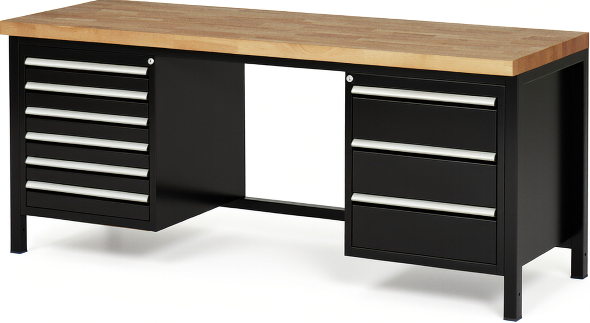 Werkbank Modell 8183 schwarz, BxTxH 2000x700x840-1040 mm,  Buche-Massiv Arbeitsplatte 40 mm,  9 Schubladen mit  Auszug 90 %