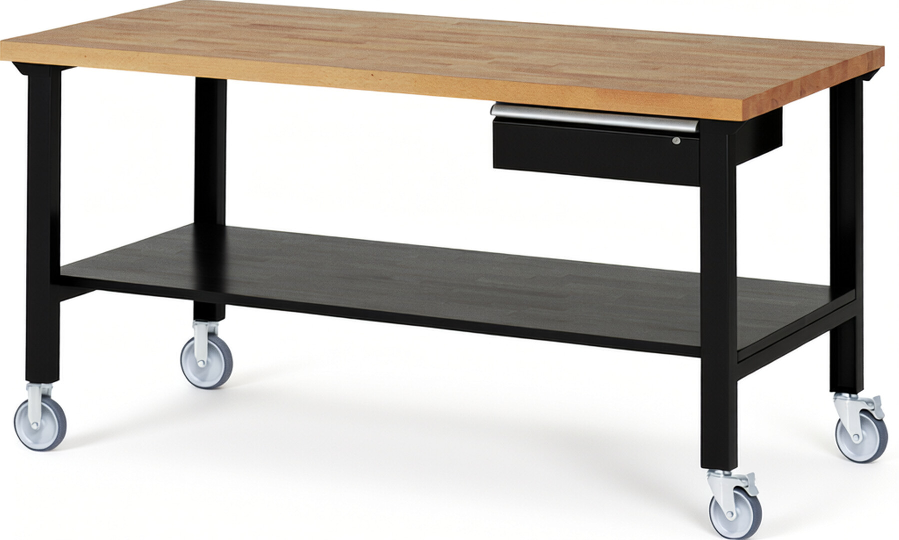 RAU Werkbank schwarz - Breite 200 cm - Tiefe 90 cm - Höhe 100 cm - Buche-Massiv Arbeitsplatte 40 mm