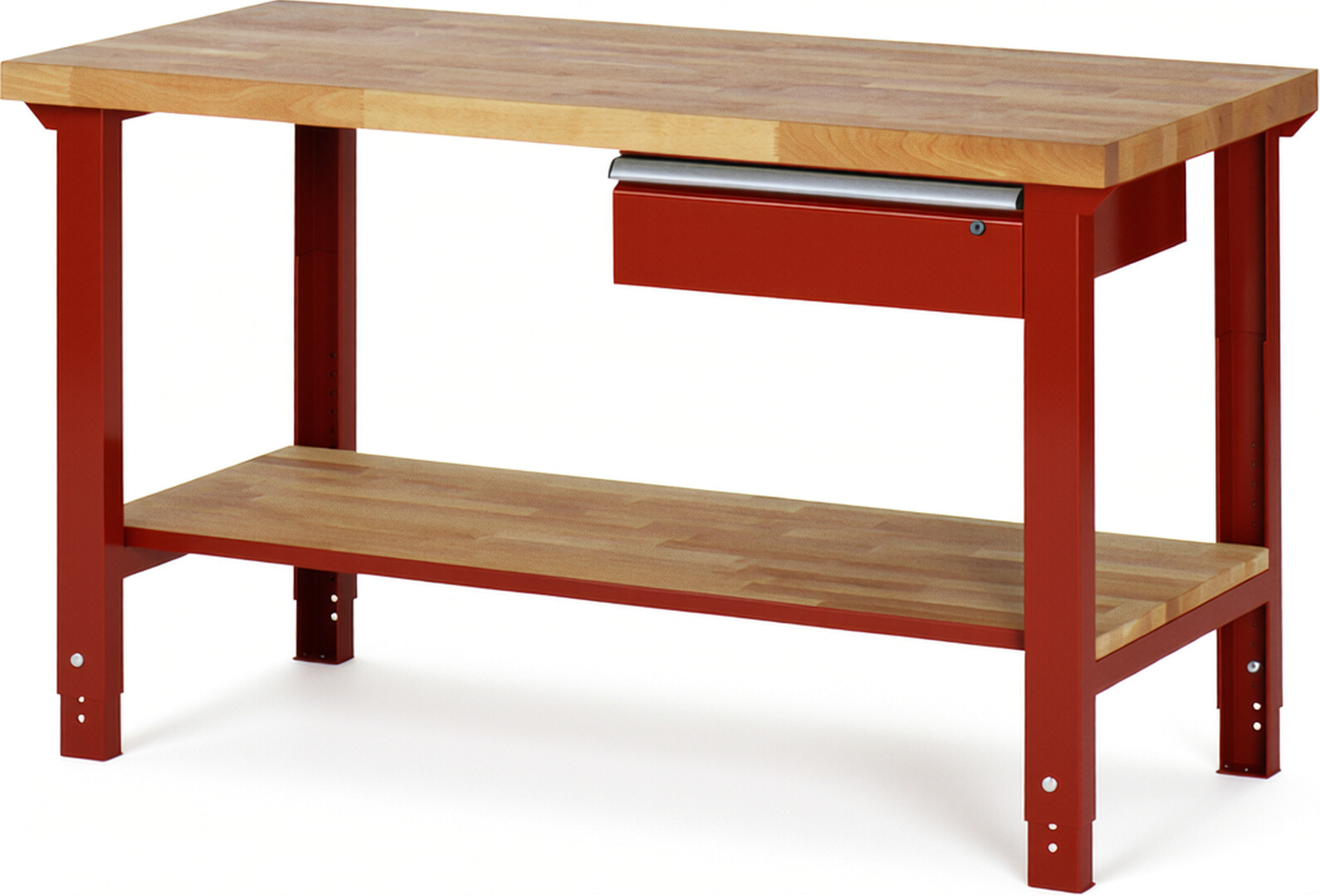 Werkbank Modell 7001 rot, BxTxH 1500x700x790-1140 mm,  Buche-Massiv Arbeitsplatte 40 mm,  1 Schublade mit  Auszug 90 %