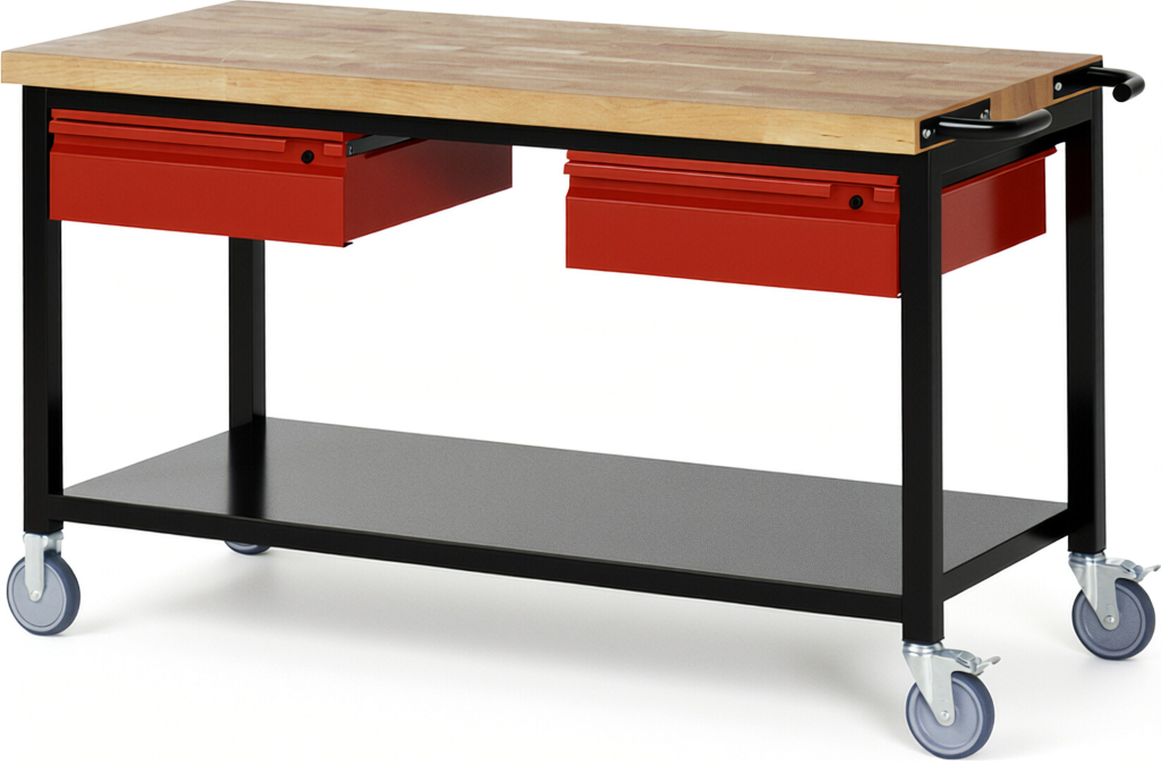 RAU Werkbank schwarz - rot - Breite 150 cm - Tiefe 70 cm - Höhe 88 cm - Buche-Massiv Arbeitsplatte 40 mm