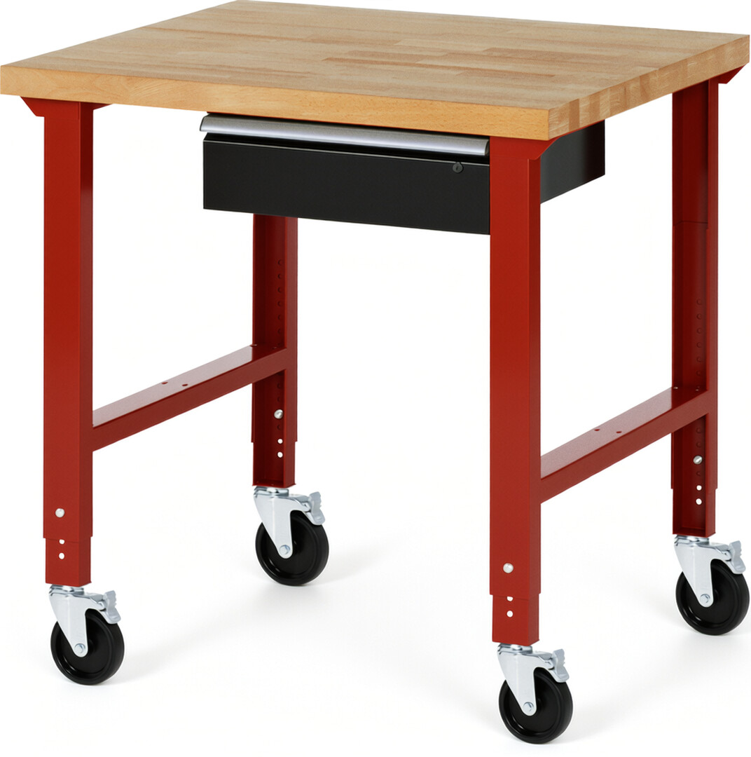 Fahrbare Werkbank Modell 7001 rot - schwarz, BxTxH 1000x900x950-1000 mm,  Buche-Massiv Arbeitsplatte 40 mm,  1 Schublade mit  Auszug 90 %