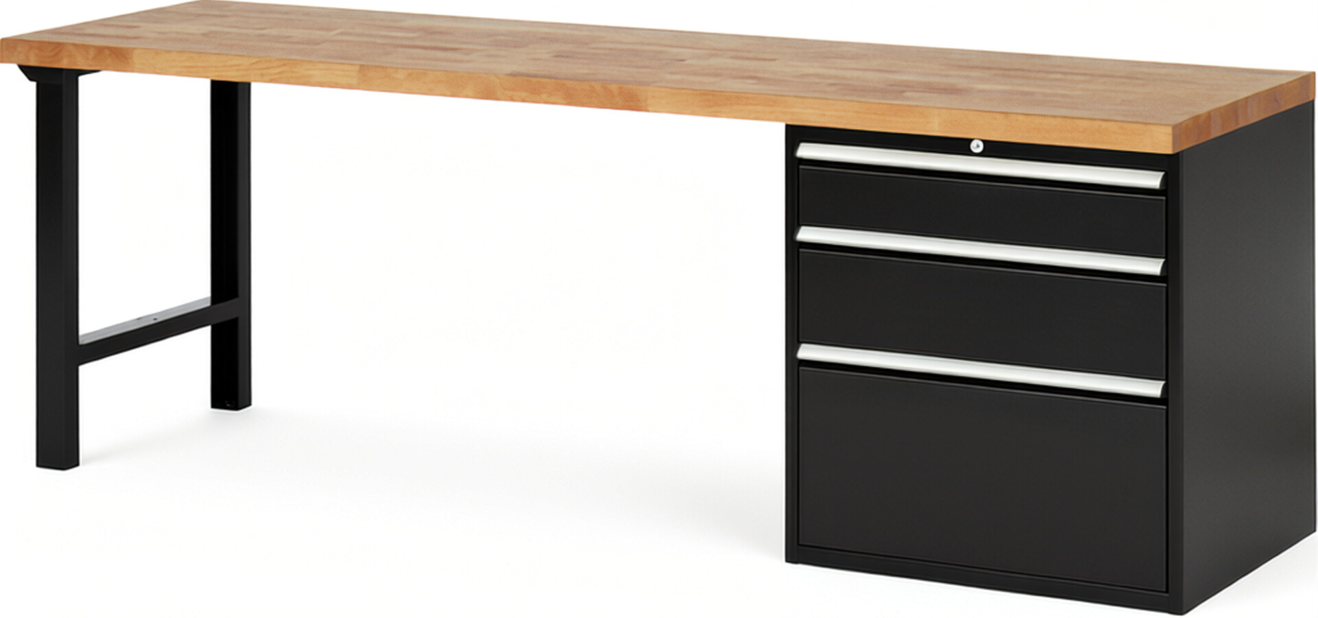 RAU Werkbank schwarz - Breite 250 cm - Tiefe 70 cm - Höhe 84 cm - Buche-Massiv Arbeitsplatte 40 mm