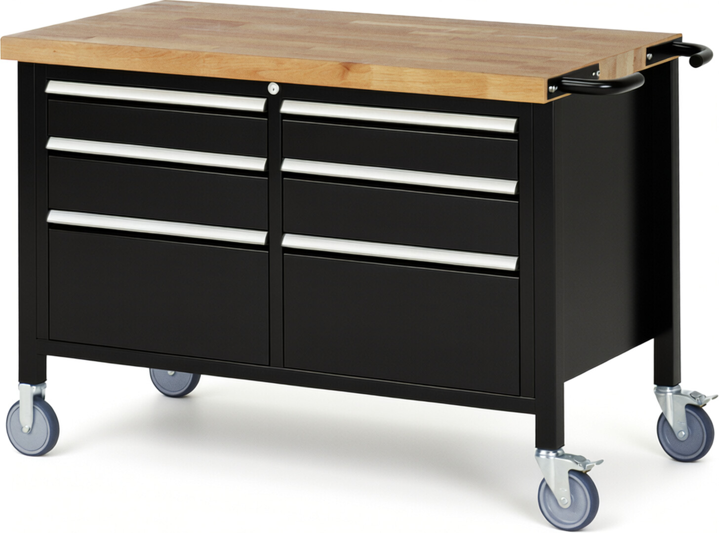 RAU Werkbank schwarz - Breite 125 cm - Tiefe 70 cm - Höhe 108 cm - Buche-Massiv Arbeitsplatte 40 mm