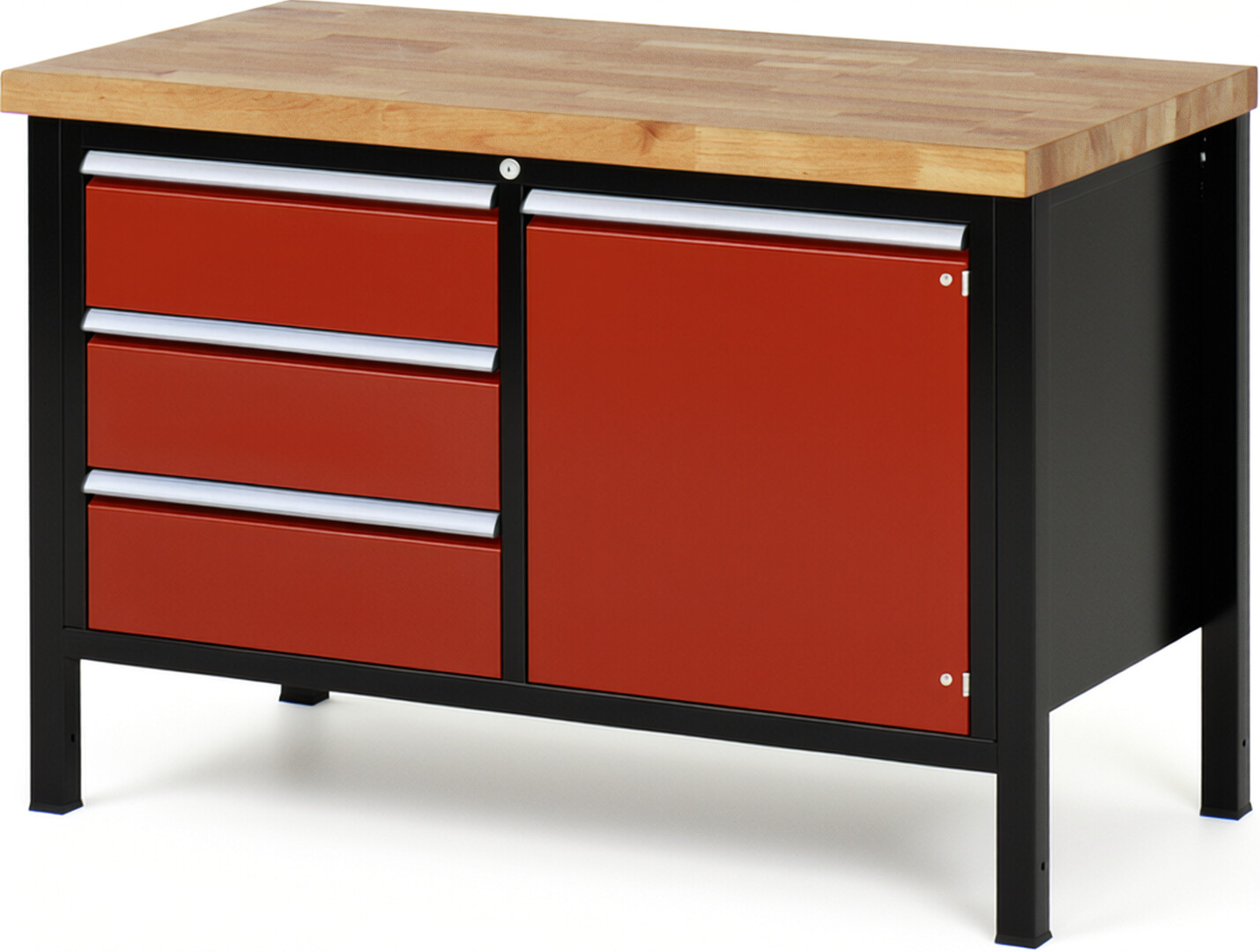 RAU Werkbank schwarz - rot - Breite 125 cm - Tiefe 70 cm - Höhe 104 cm - Buche-Massiv Arbeitsplatte 40 mm