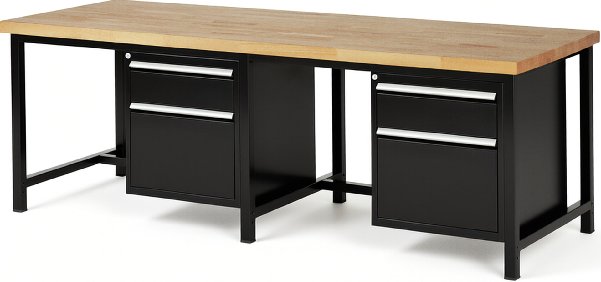 Werkbank Modell 8156 schwarz, BxTxH 2500x900x840 mm,  Buche-Massiv Arbeitsplatte 40 mm,  4 Schubladen mit  Auszug 90 %