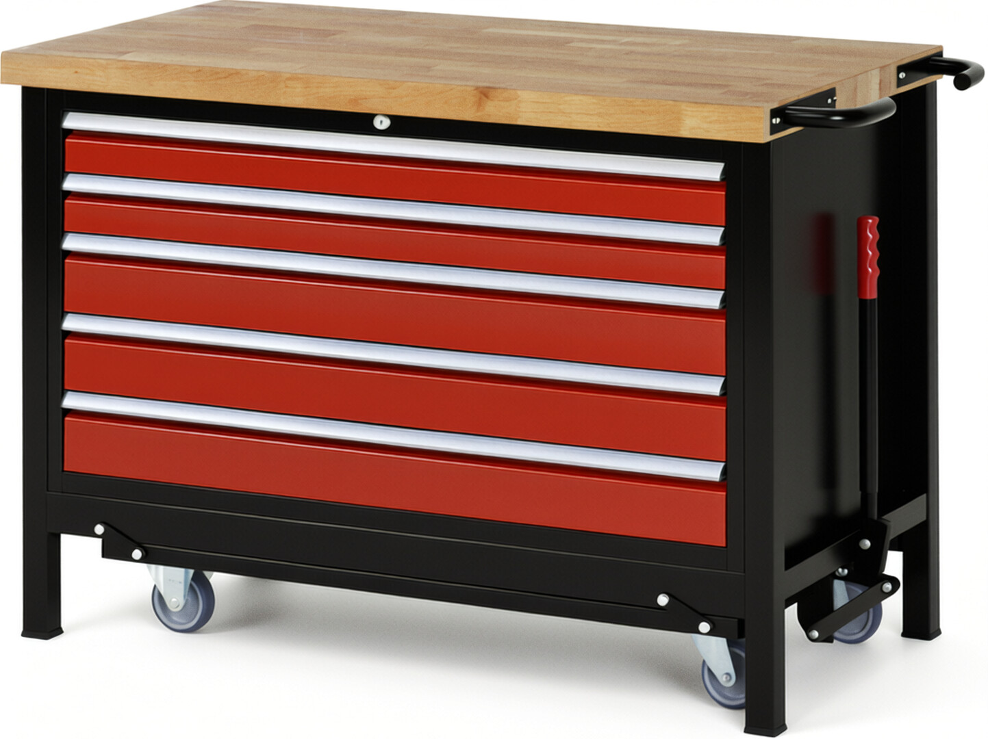 RAU Werkbank schwarz - rot - Breite 125 cm - Tiefe 70 cm - Höhe 88 cm - Buche-Massiv Arbeitsplatte 40 mm