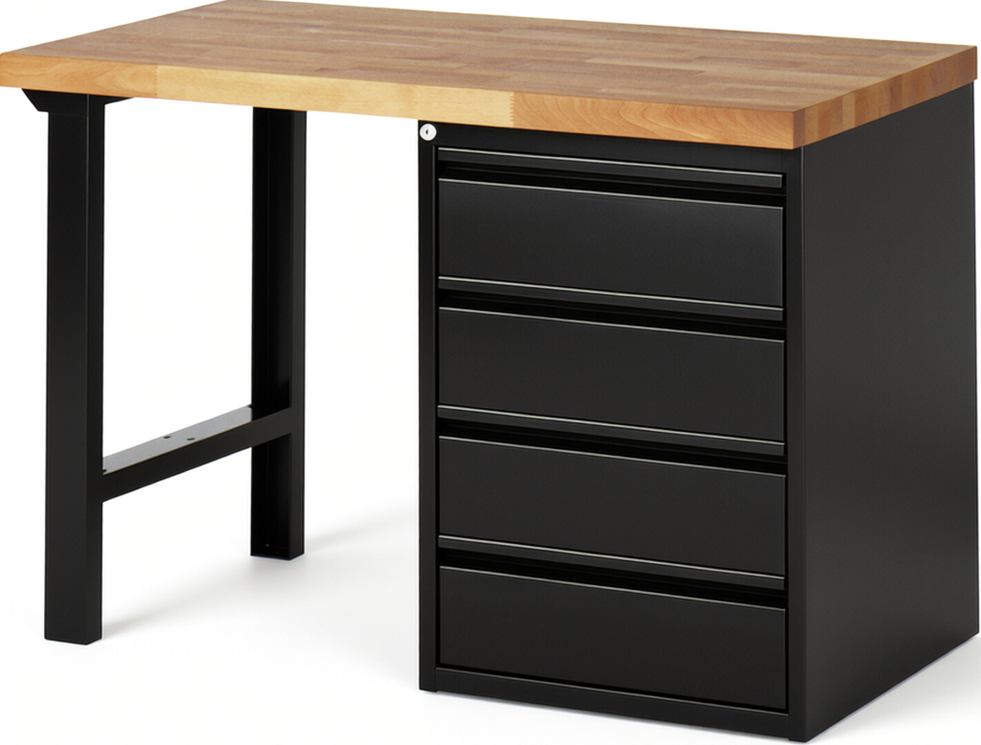 Werkbank schwarz, BxTxH 1250xT700xH890 mm, Platte Buche 40 mm 40 mm, 4 Schubladen 180 mm, RAL 9011/9011