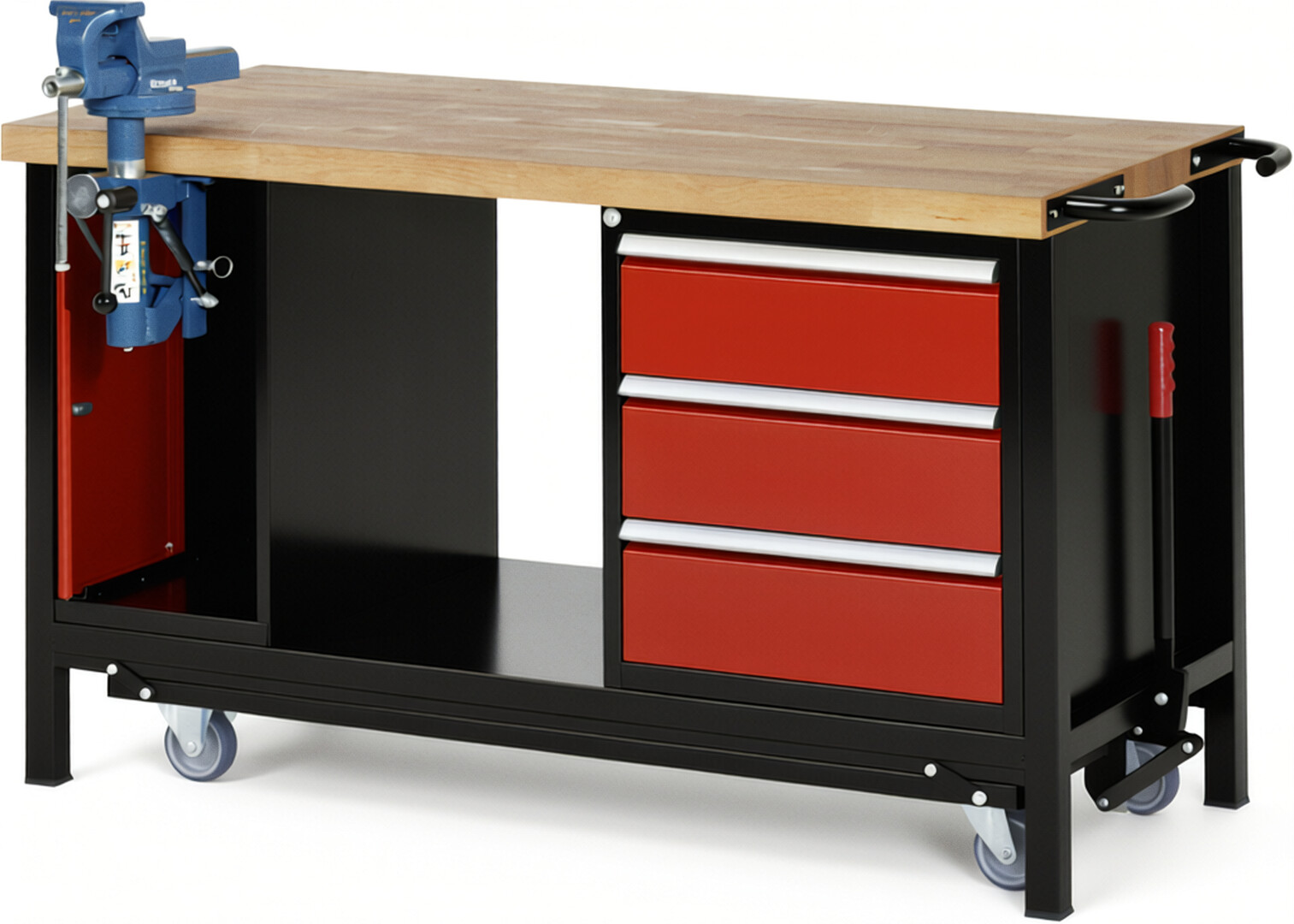 RAU Werkbank schwarz - rot - Breite 150 cm - Tiefe 70 cm - Höhe 88 cm - Buche-Massiv Arbeitsplatte 40 mm