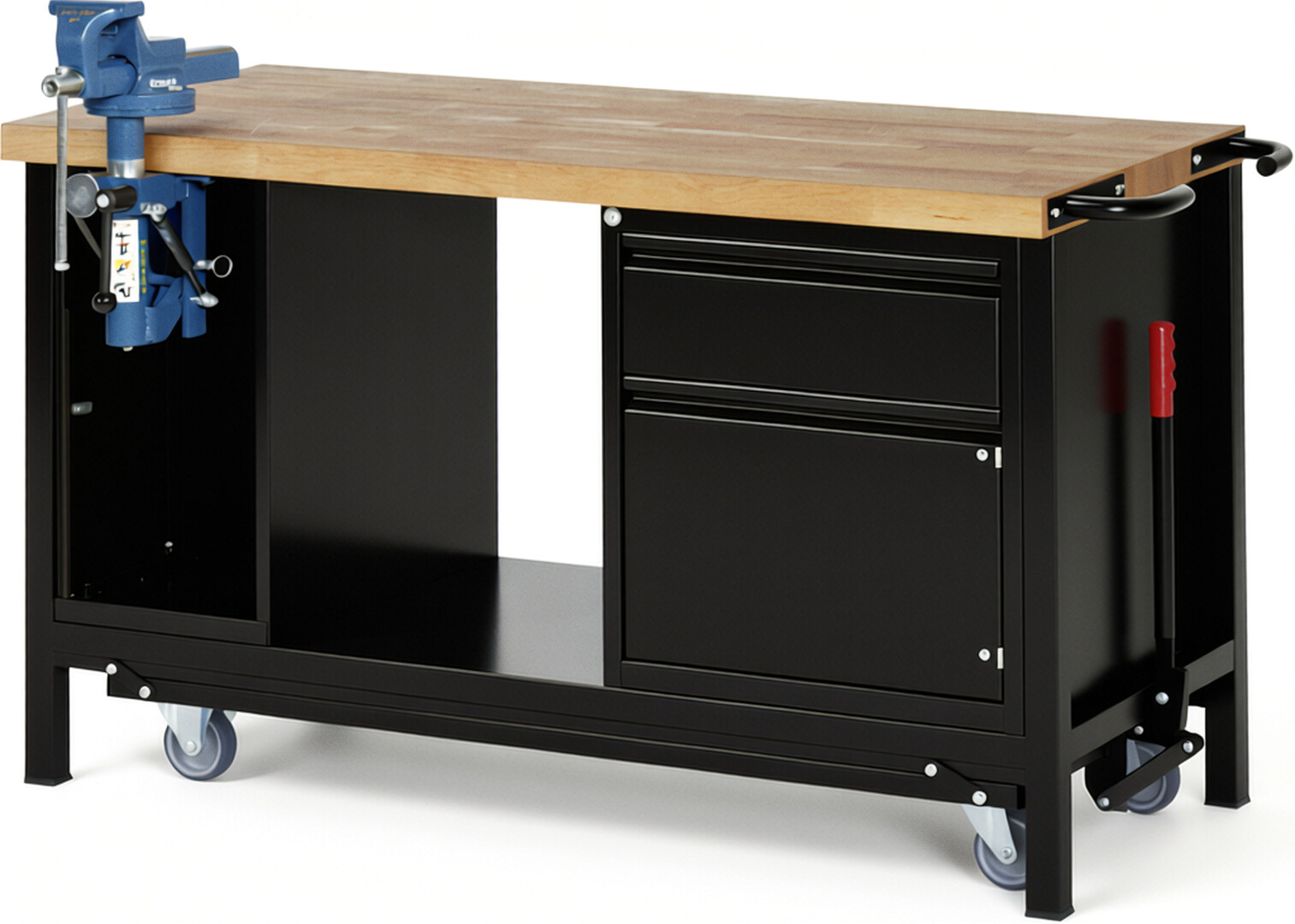 Absenkbare Werkbank - Modell 8181 BASIC schwarz, BxTxH 1500x700x880 mm,  Buche-Massiv Arbeitsplatte 40 mm,  1 Schublade mit  Auszug 90 %