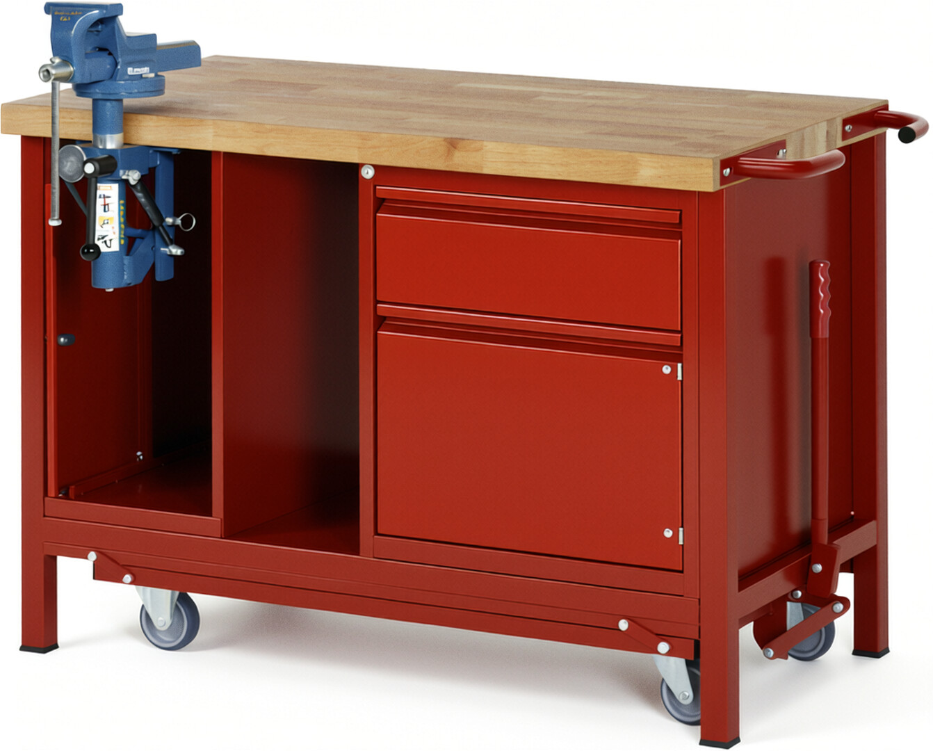 Absenkbare Werkbank - Modell 8181 BASIC rot, BxTxH 1250x700x880 mm,  Buche-Massiv Arbeitsplatte 40 mm,  1 Schublade mit  Auszug 90 %