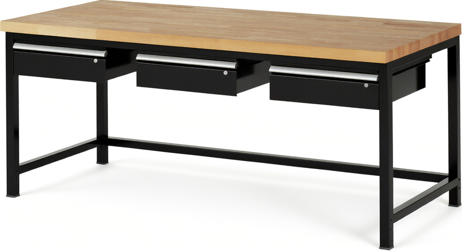 Werkbank Modell 8003 schwarz, BxTxH 2000x900x840-1040 mm,  Buche-Massiv Arbeitsplatte 40 mm,  3 Schubladen mit  Auszug 90 %