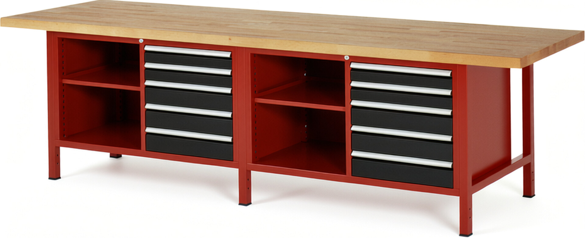 Werkbank Modell 8464 rot - schwarz, BxTxH 3000x900x840 mm,  Buche-Massiv Arbeitsplatte 40 mm,  10 Schubladen mit  Auszug 90 %