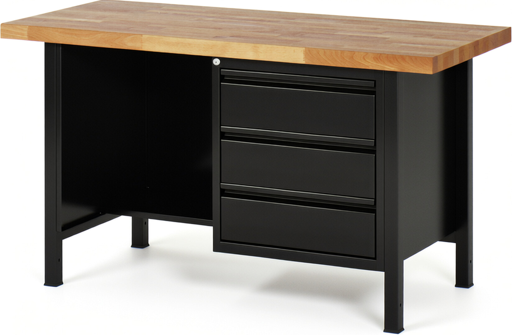 Werkbank schwarz, BxTxH 1500x700x840-1040 mm, Platte Buche 40 mm, 3 Schubladen 180 mm, 1 Fachboden, RAL 9011/9011