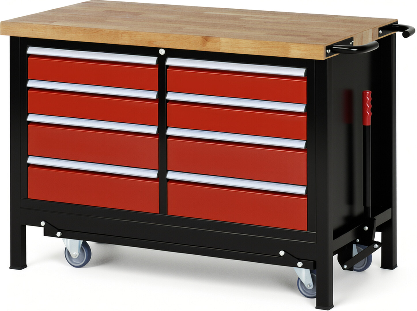 RAU Werkbank schwarz - rot - Breite 125 cm - Tiefe 70 cm - Höhe 88 cm - Buche-Massiv Arbeitsplatte 40 mm