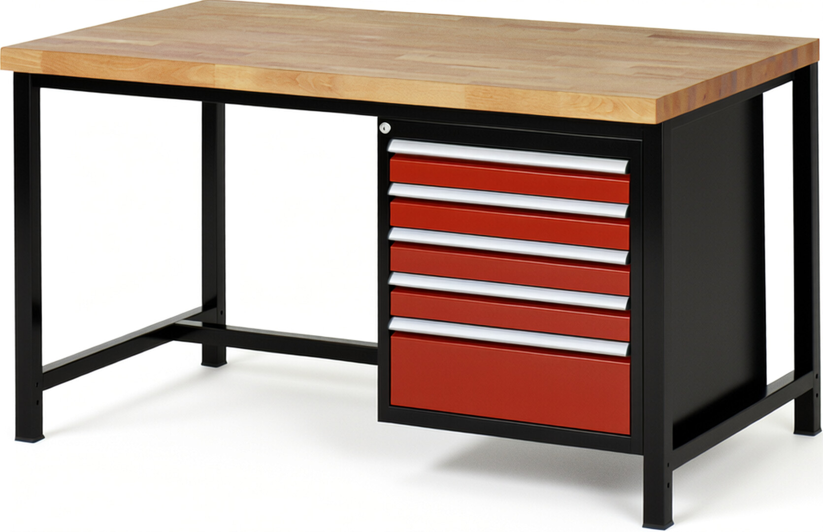 RAU Werkbank schwarz - rot - Breite 150 cm - Tiefe 90 cm - Höhe 84 cm - Buche-Massiv Arbeitsplatte 40 mm