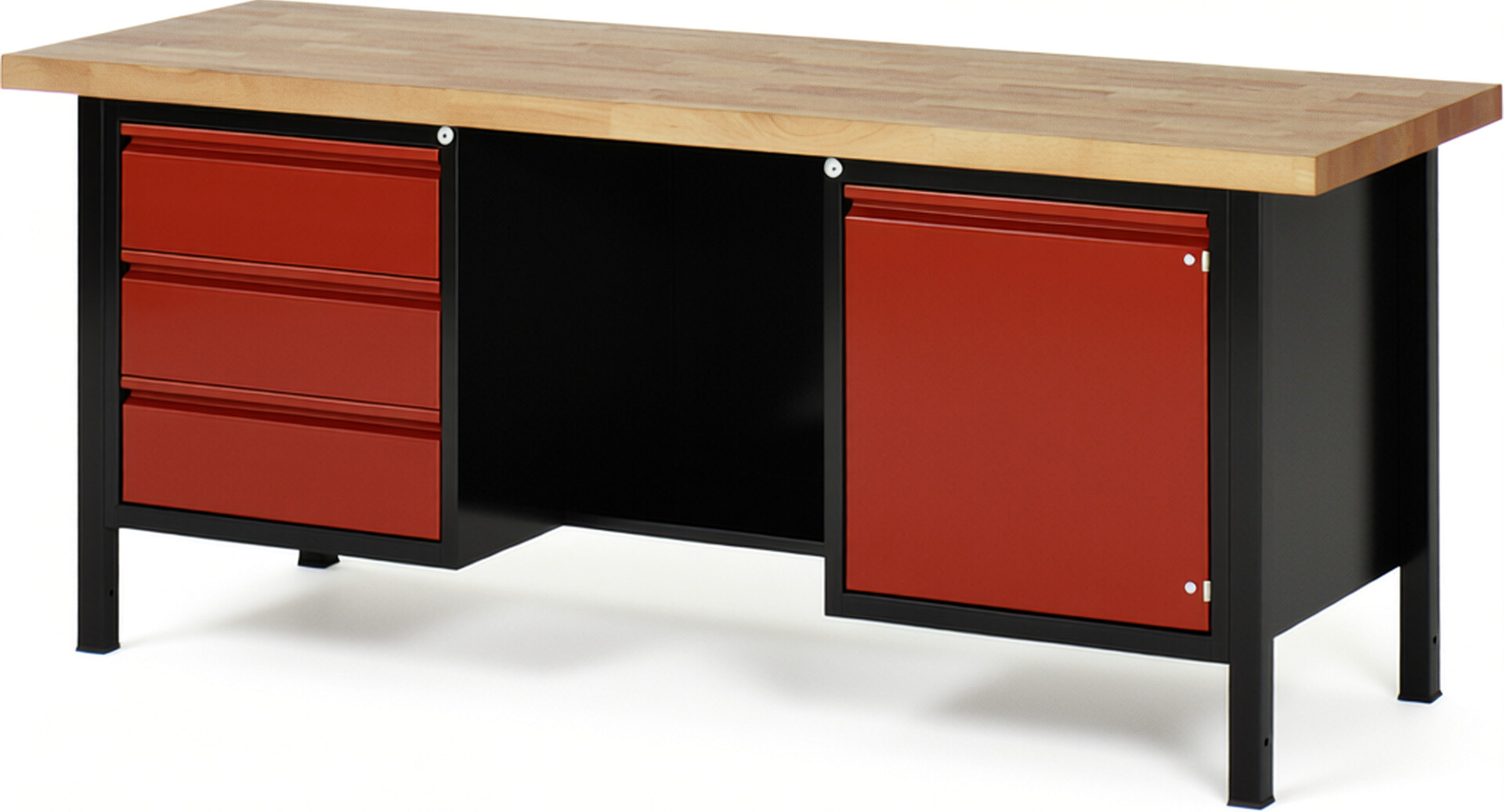 Werkbank schwarz - rot, Breite 200 cm, Tiefe 70 cm, Höhe 104 cm, 3 Schublade(n), Platte: Buche-Massiv-Arbeitsplatte