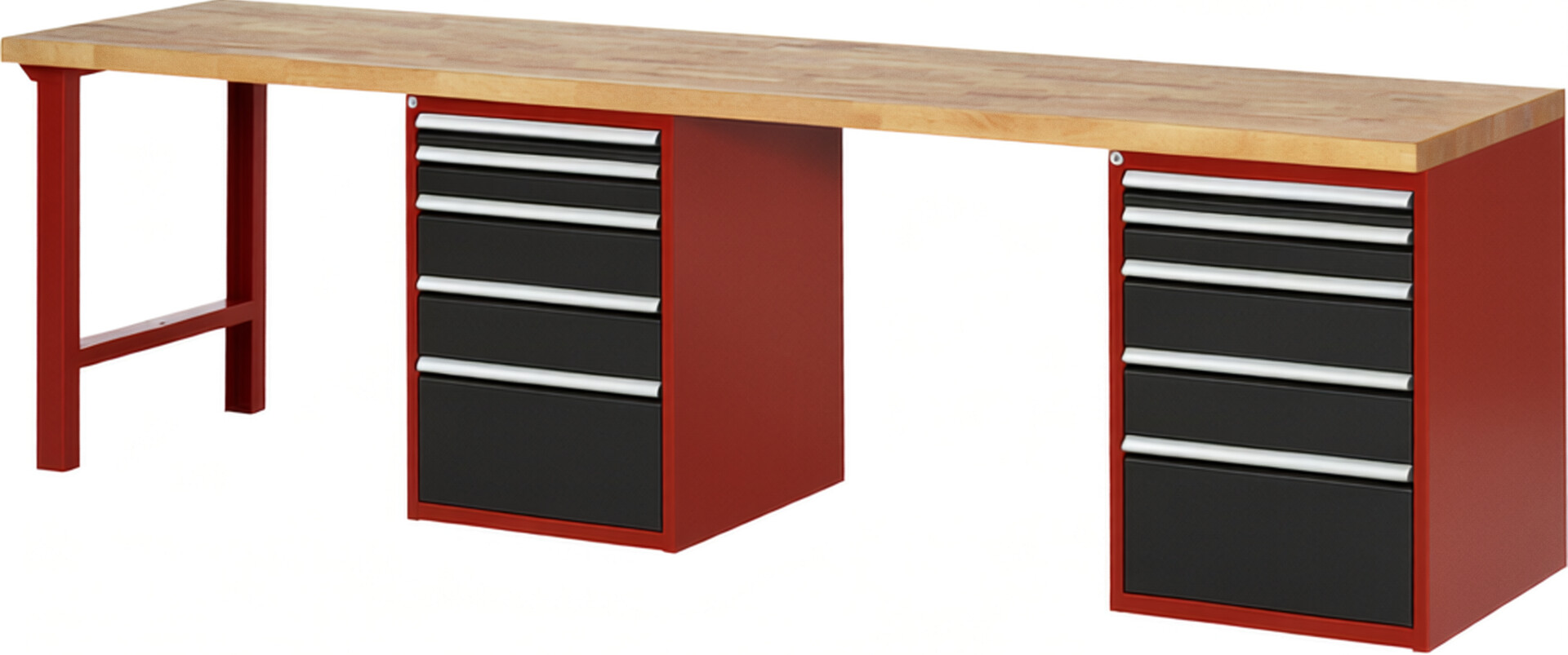 Werkbank Modell 7511 rot - schwarz, BxTxH 3000x700x890 mm,  Buche-Massiv Arbeitsplatte 40 mm,  10 Schubladen mit  Vollauszug 100 % und  SoftClosing