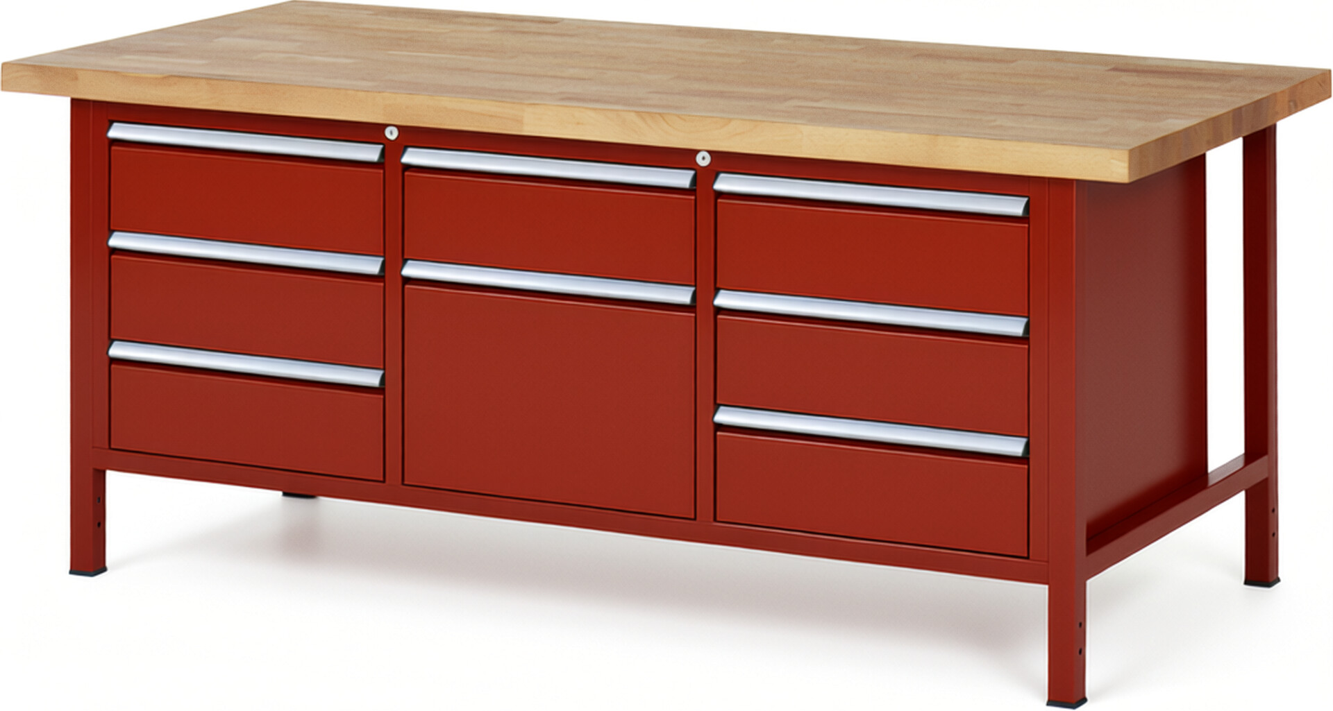 Werkbank Modell 8571 rot, BxTxH 2000x900x840-1040 mm,  Buche-Massiv Arbeitsplatte 40 mm,  8 Schubladen mit  Auszug 90 %