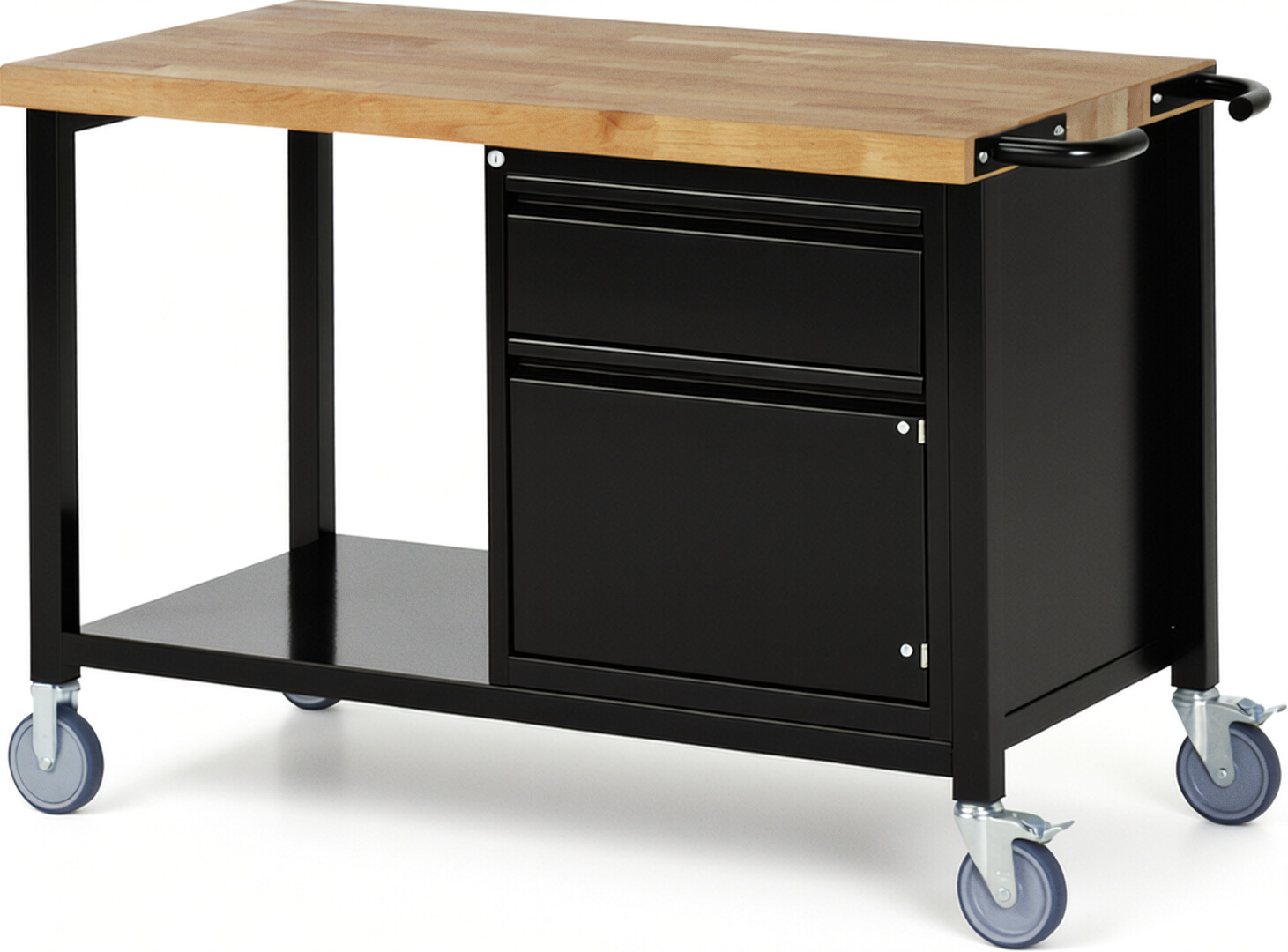 Fahrbare Werkbank - Modell 8152 BASIC schwarz, BxTxH 1250x700x880 mm,  Buche-Massiv Arbeitsplatte 40 mm,  1 Schublade mit  Auszug 90 %
