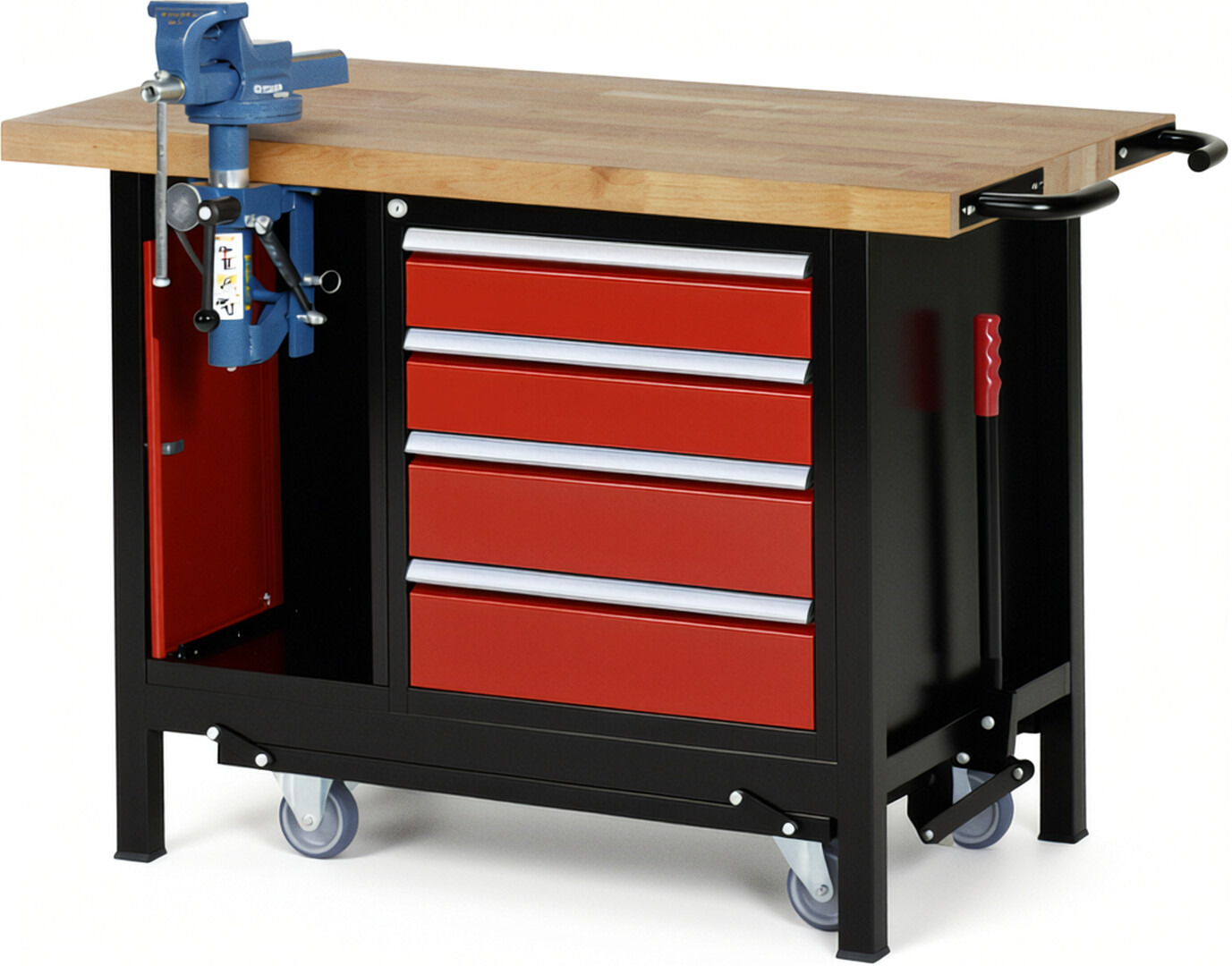 RAU Werkbank schwarz - rot - Breite 125 cm - Tiefe 70 cm - Höhe 88 cm - Buche-Massiv Arbeitsplatte 40 mm