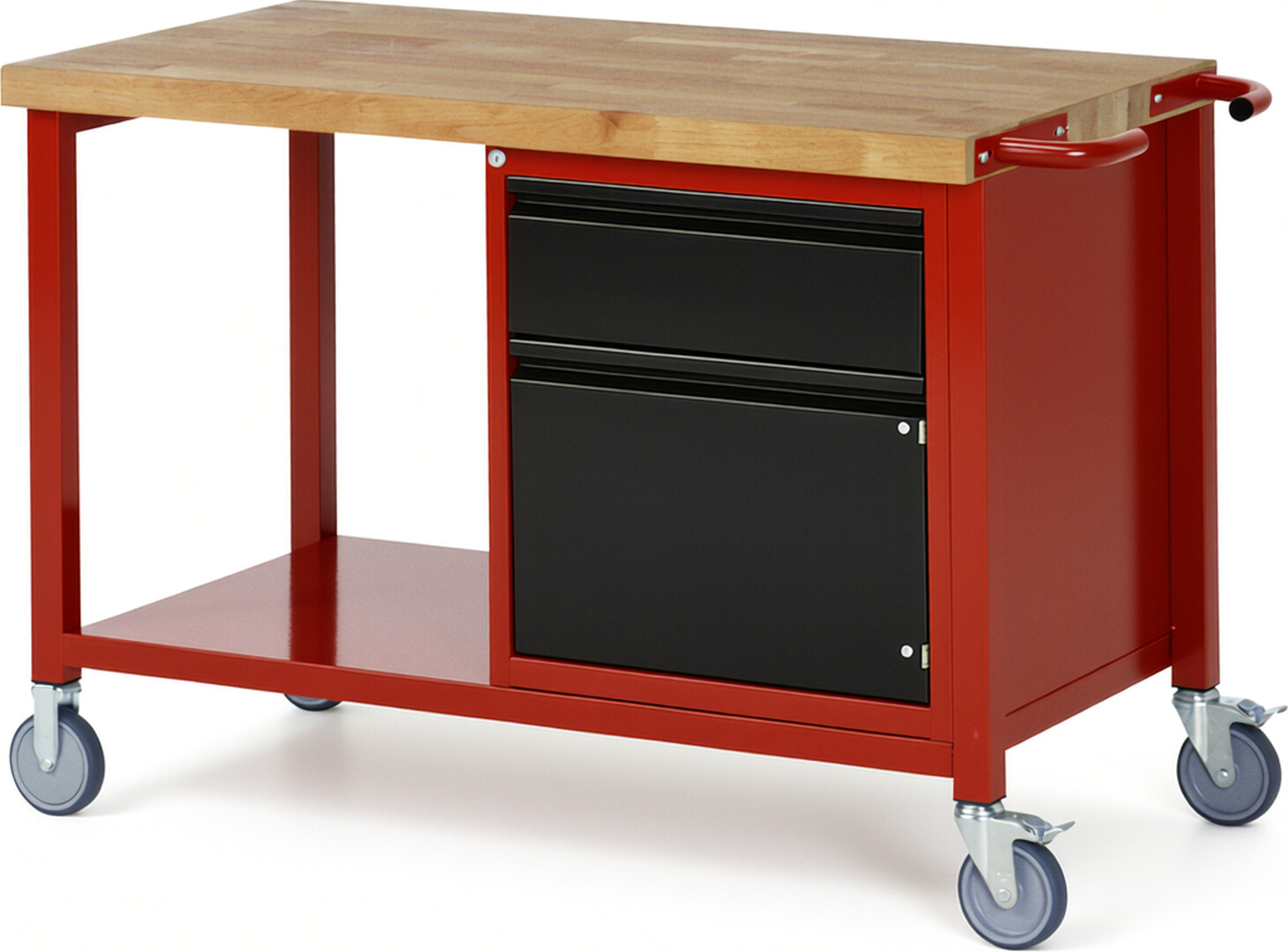 Fahrbare Werkbank - Modell 8152 BASIC rot - schwarz, BxTxH 1250x700x880 mm,  Buche-Massiv Arbeitsplatte 40 mm,  1 Schublade mit  Auszug 90 %