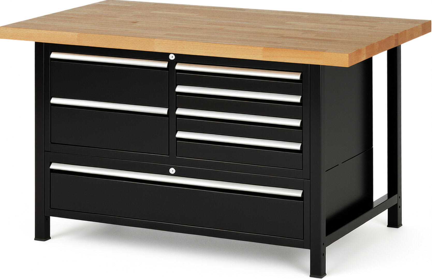 RAU Werkbank schwarz - Breite 150 cm - Tiefe 90 cm - Höhe 104 cm - Buche-Massiv Arbeitsplatte 40 mm