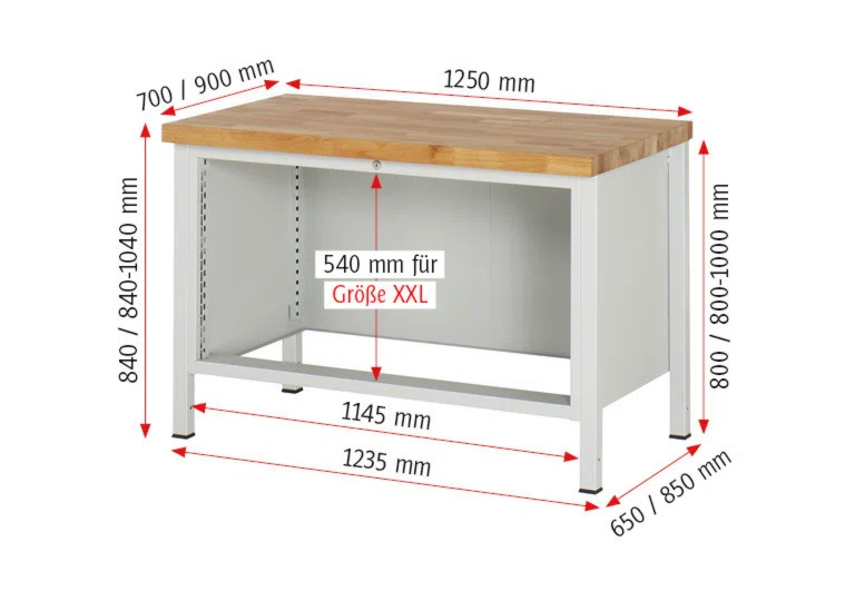 Werkbank Modell 8357 rot - schwarz, BxTxH 1250x700x840 mm,  Buche-Massiv Arbeitsplatte 40 mm,  3 Schubladen mit  Auszug 90 %