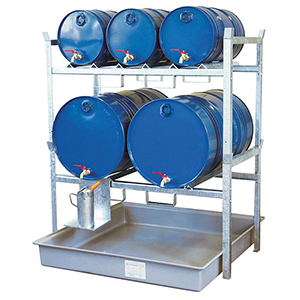Fassregal, Stahl verzinkt, mit Fassauflage für 2x200-l-Fässer und 3x60-l-Fässer, GFK-Auffangwanne Auffangvolumen 220 l, BxTxH 1410x1280x1620 mm