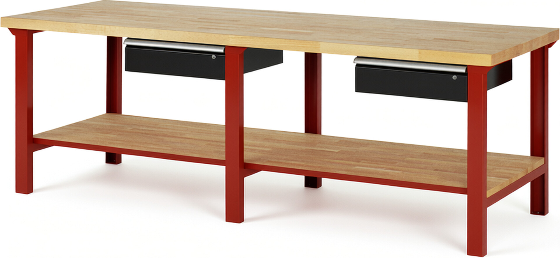 Werkbank Modell 7001 rot - schwarz, BxTxH 2500x900x840 mm,  Buche-Massiv Arbeitsplatte 40 mm,  2 Schubladen mit  Auszug 90 %