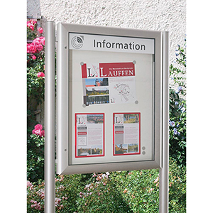 Softline-Schaukasten, BxTxH 1025x80x1380 mm, DIN A0 hoch, Aluprofile, ESG-Glas, Rückwand blau, inkl. 10 Magnete + 1 Einstecktasche