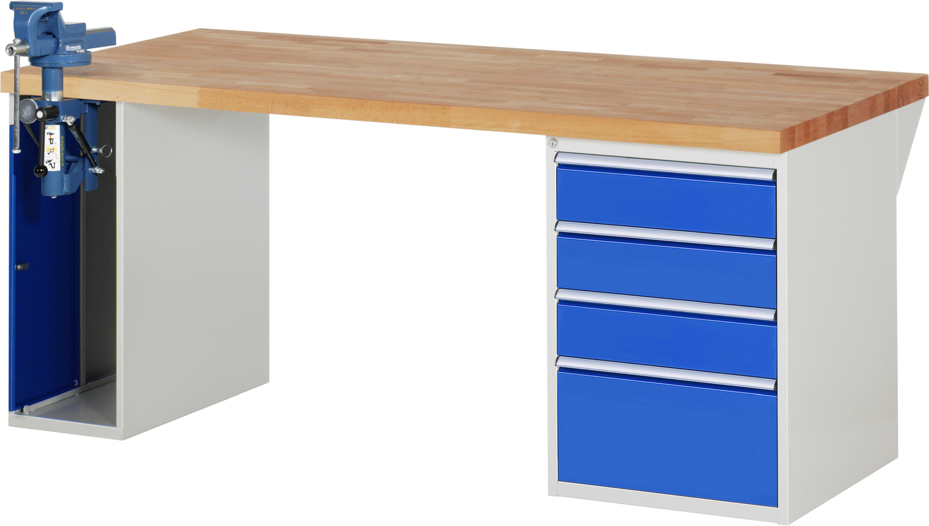 Werkbank Modell 7510 rot - schwarz, BxTxH 2000x900x890 mm,  Buche-Massiv Arbeitsplatte 40 mm,  4 Schubladen mit  Auszug 90 %