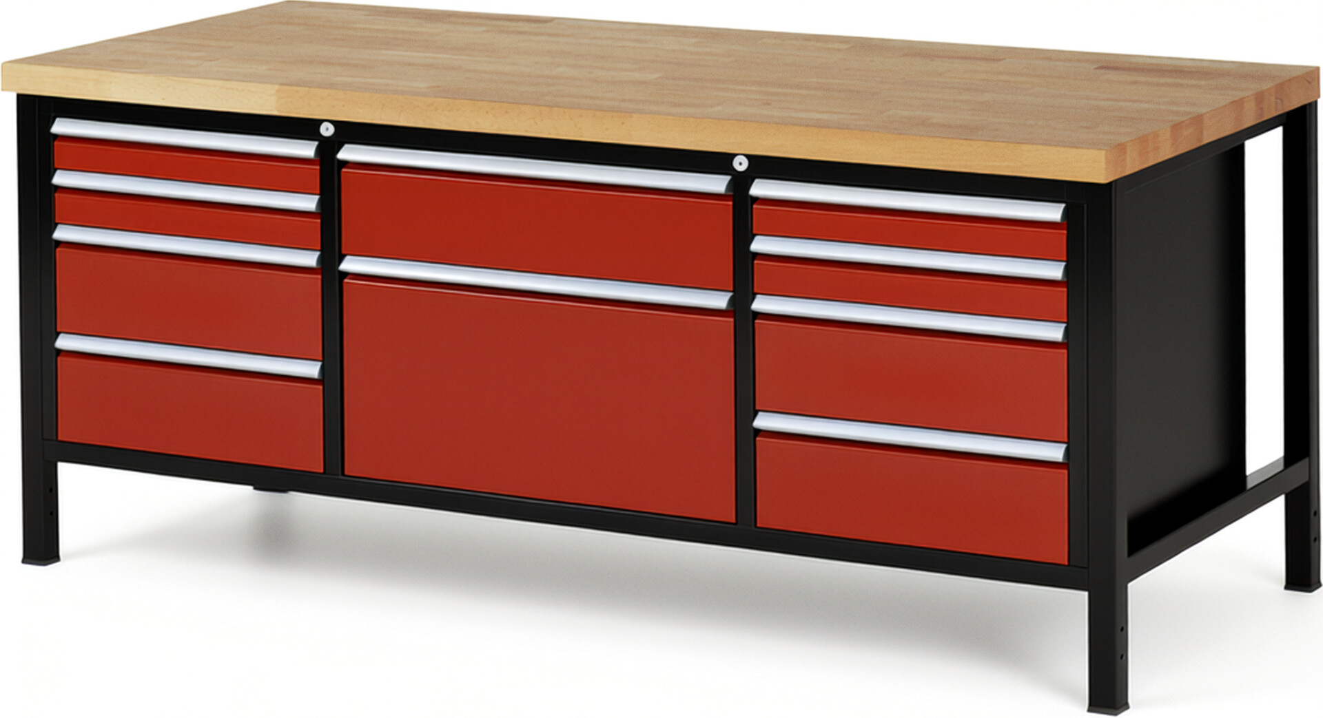 RAU Werkbank schwarz - rot - Breite 200 cm - Tiefe 90 cm - Höhe 104 cm - Buche-Massiv Arbeitsplatte 40 mm