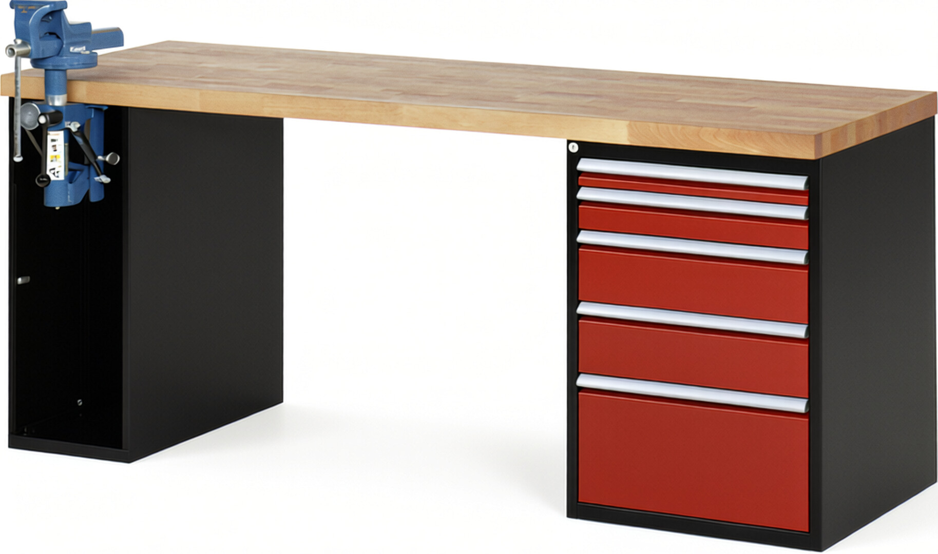 RAU Werkbank schwarz - rot - Breite 200 cm - Tiefe 70 cm - Höhe 84 cm - Buche-Massiv Arbeitsplatte 40 mm