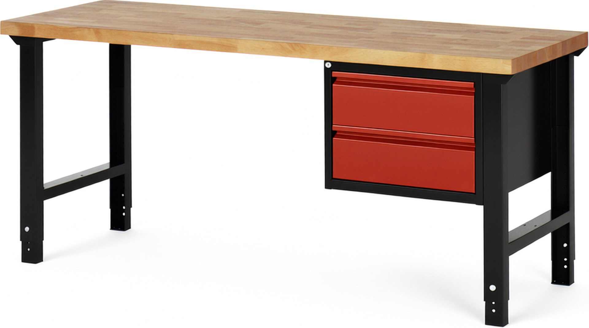 Werkbank schwarz - rot, Breite 200 cm, Tiefe 70 cm, Höhe 114 cm, 2 Schublade(n), Platte: Buche-Massiv-Arbeitsplatte