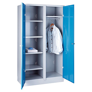 Garderoben-Wäscheschrank m. Flügeltüren u. Sockel, 2 Abt. 500 mm, 4 Böden, BxTxH 1000x500x1800 mm, Schloss, RAL 7035/7031