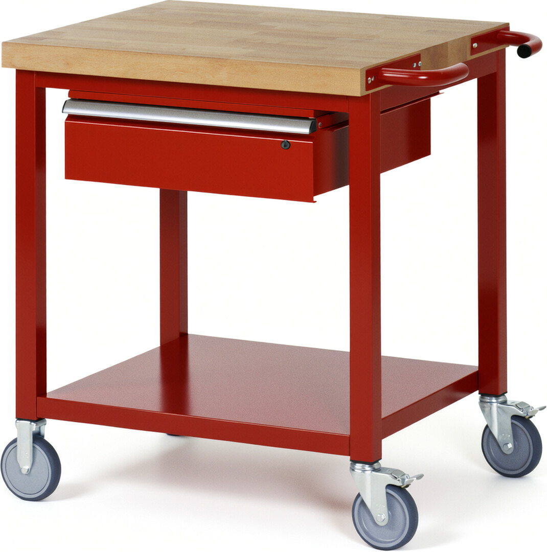 RAU Werkbank rot - Breite 75 cm - Tiefe 70 cm - Höhe 108 cm - Buche-Massiv Arbeitsplatte 40 mm
