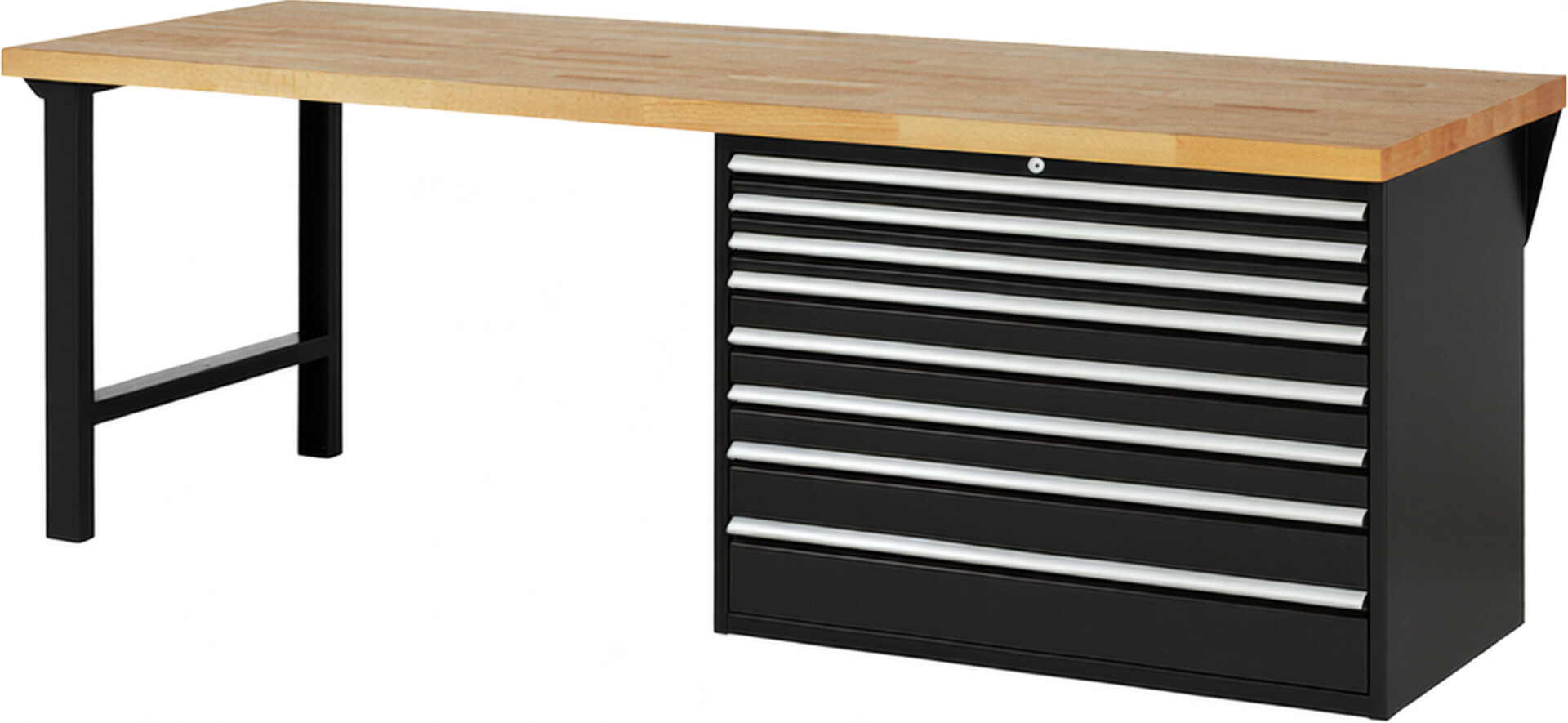 RAU Werkbank schwarz - Breite 250 cm - Tiefe 90 cm - Höhe 84 cm - Buche-Massiv Arbeitsplatte 40 mm