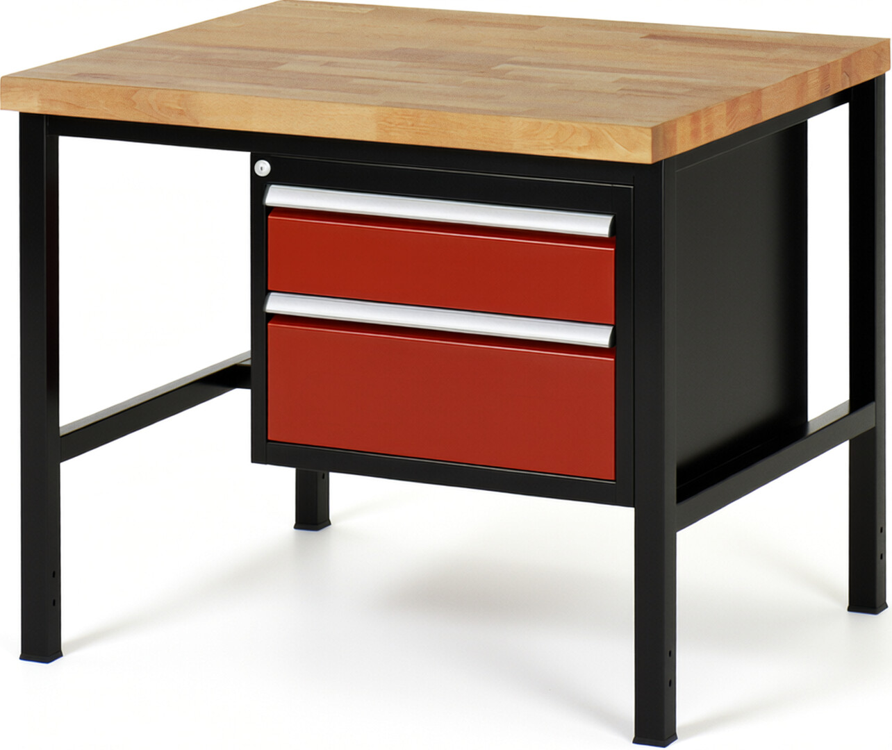 Werkbank Modell 8123 schwarz-rot, BxTxH 1000x900x840-1040 mm,  Buche-Massiv Arbeitsplatte 40 mm,  2 Schubladen mit  Vollauszug 100 % und  SoftClosing
