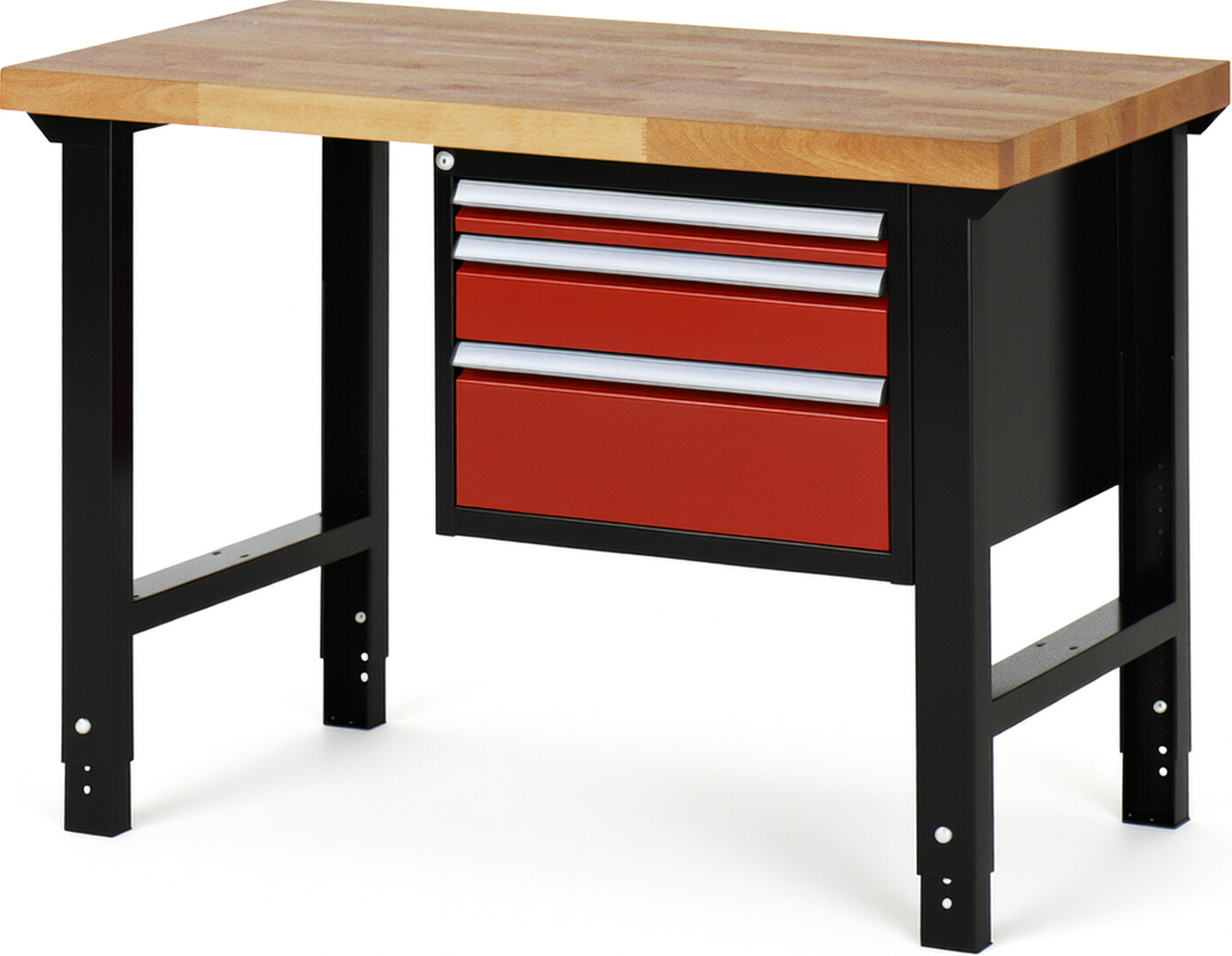 RAU Werkbank schwarz - rot - Breite 125 cm - Tiefe 70 cm - Höhe 114 cm - Buche-Massiv Arbeitsplatte 40 mm