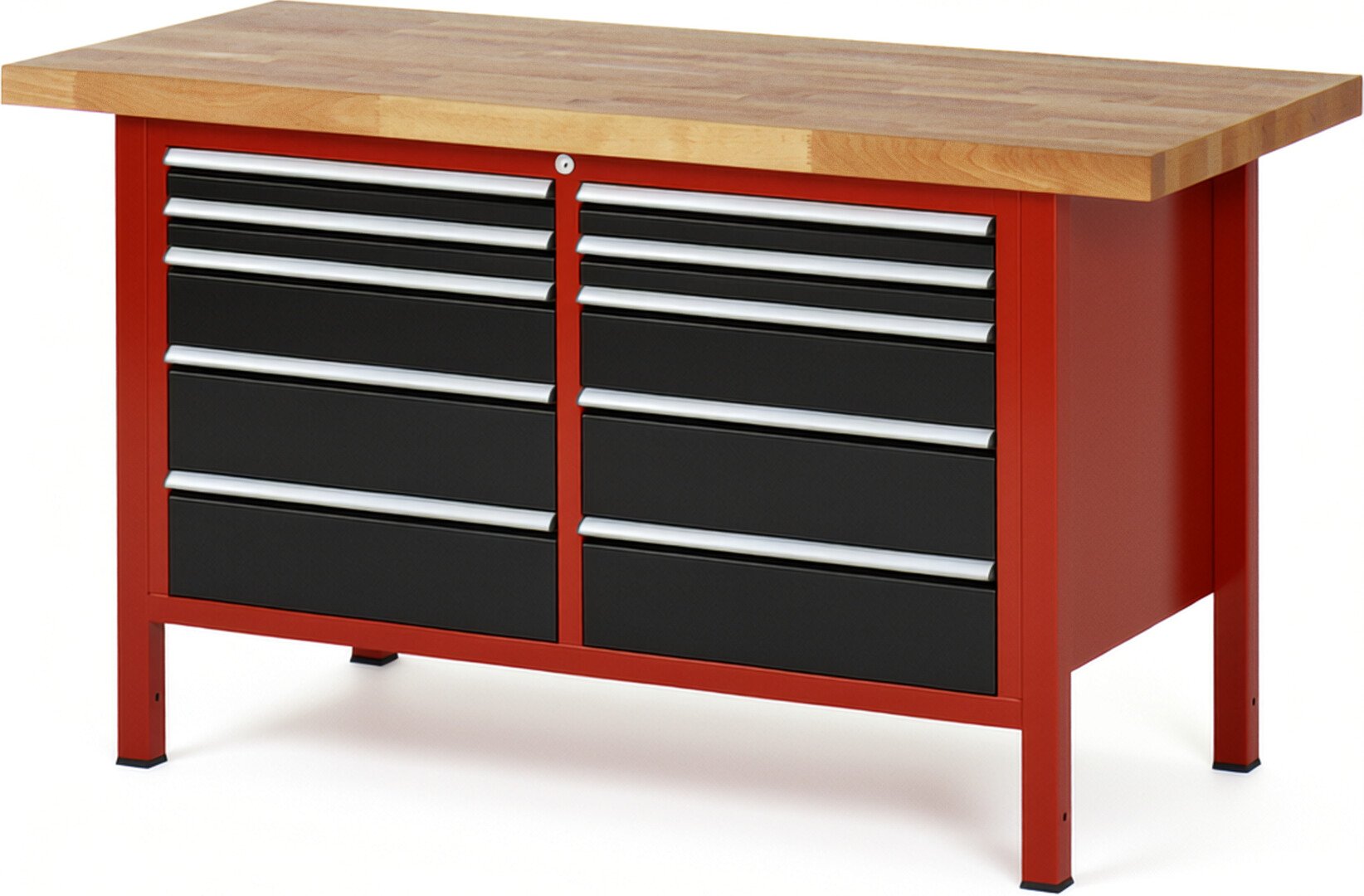 Werkbank Modell 8480 rot - schwarz, BxTxH 1500x700x840 mm,  Buche-Massiv Arbeitsplatte 40 mm,  10 Schubladen mit  Auszug 90 %