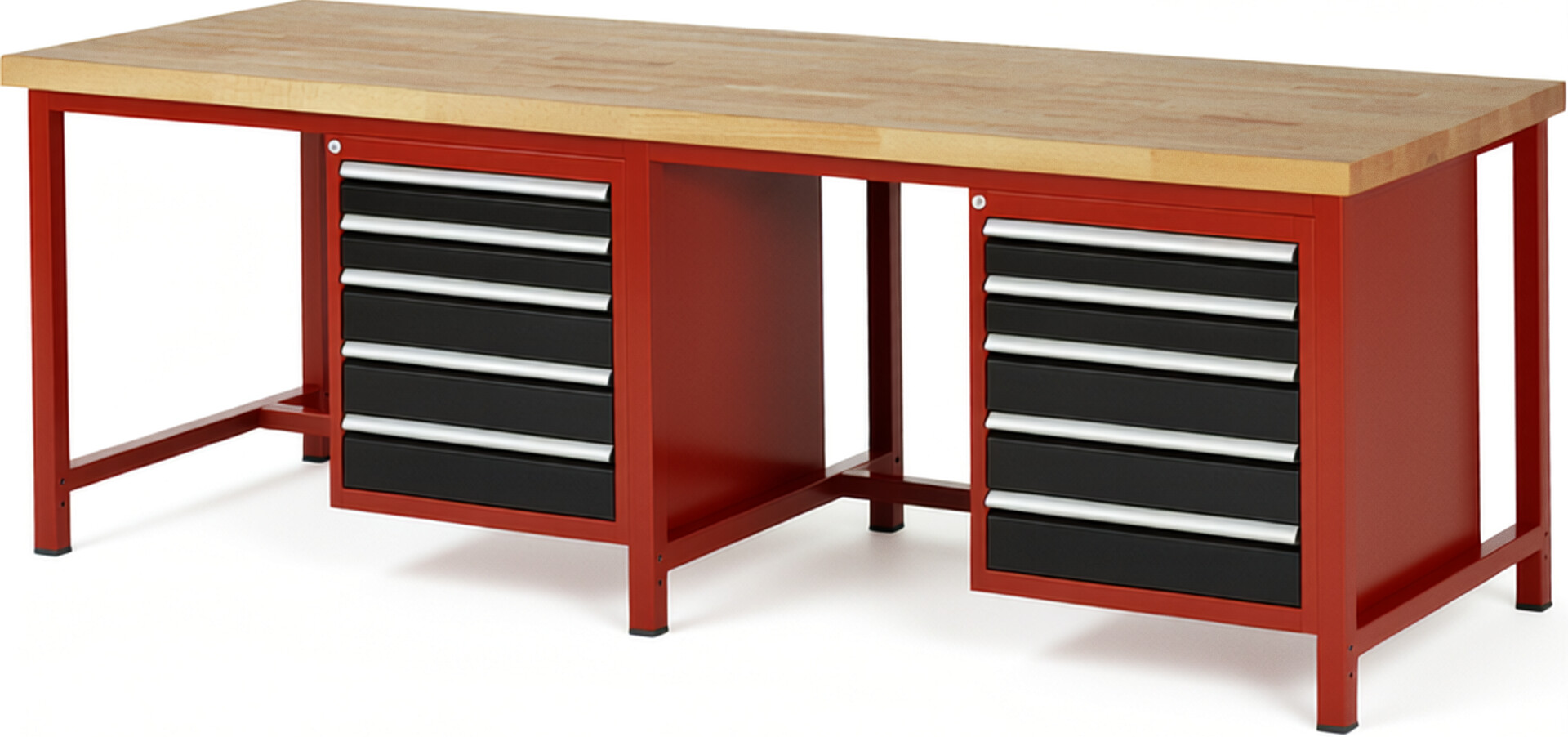 Werkbank Modell 8171 rot - schwarz, BxTxH 2500x900x840-1040 mm,  Buche-Massiv Arbeitsplatte 40 mm,  10 Schubladen mit  Auszug 90 %